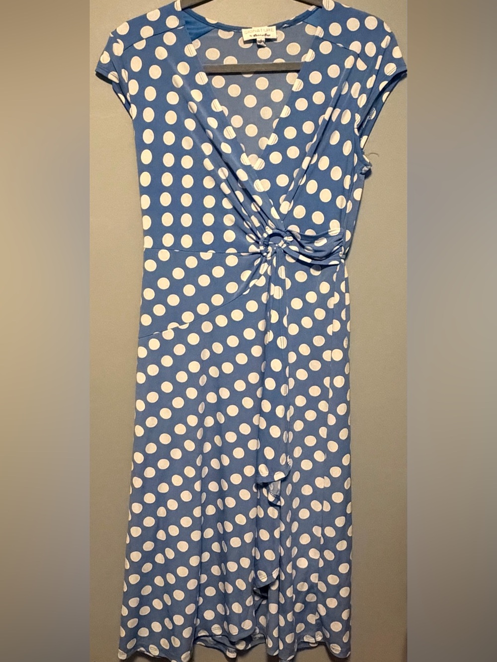 Signature by Robbie Bee Blue and White Polka Dot Knot-Front Dress